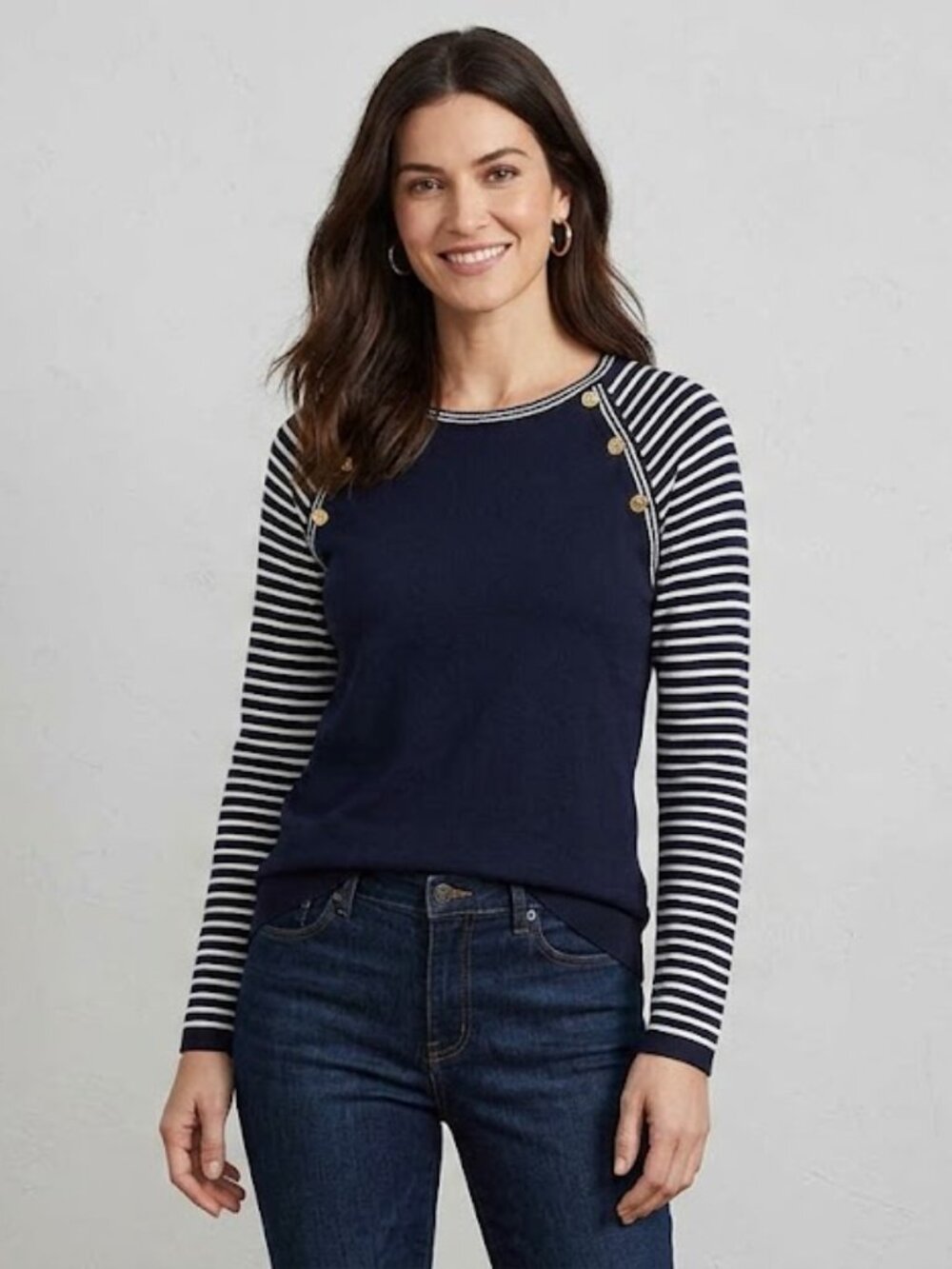 St. John Collection Santana Knit Navy Nautical Stripe Sweater Gold Buttons Size